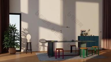 3D视频渲染镜头当代室内设计客厅。客厅里风格别致的内饰